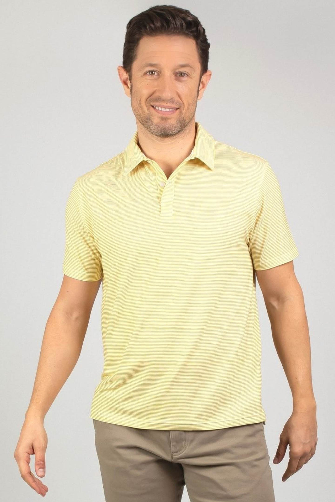 Buy Mustard Stripes Tech Polo for Short Men | Ash & Erie   Tech Polo Shirt